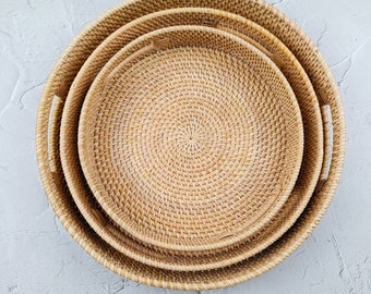Handmade Round Rattan Tray – Natural Beige Woven Serving Tray with Handles