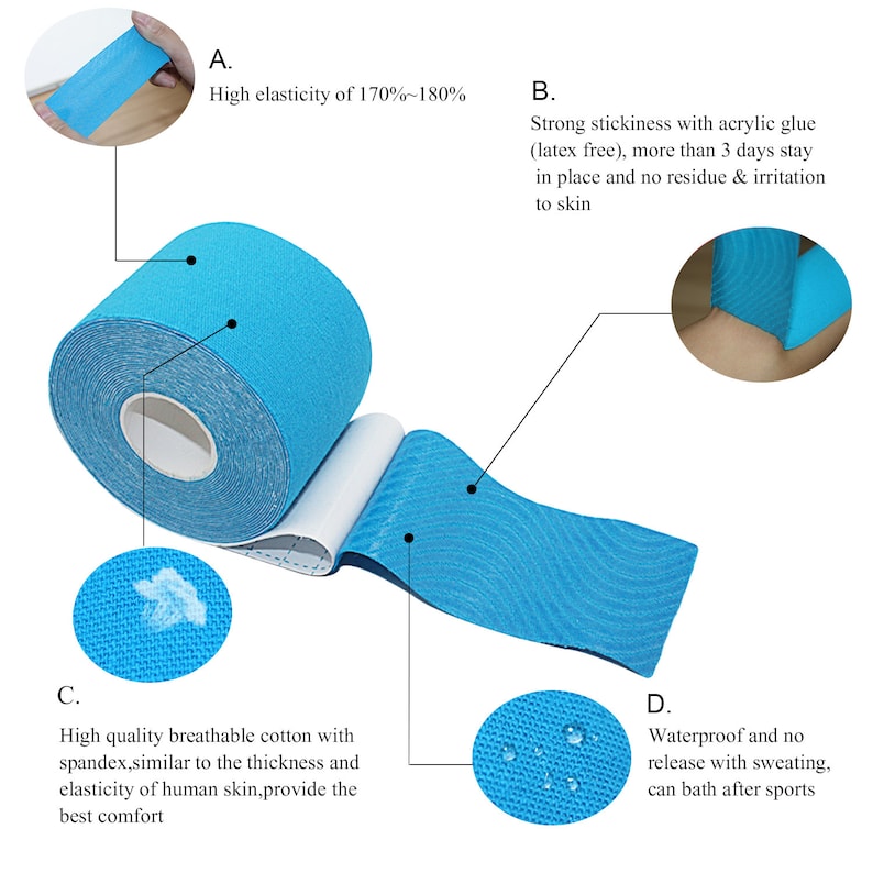 May include: Blue athletic tape roll with a white backing. The tape is waterproof and breathable. It has a high elasticity of 170% to 180% and strong stickiness with acrylic glue.