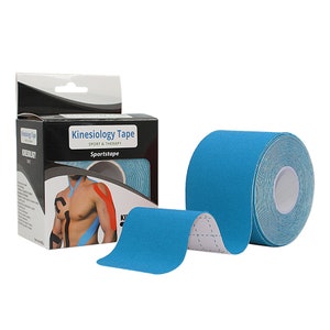 May include: A roll of blue kinesiology tape with a white core. The tape is labeled "Kinesiology Tape Sport & Therapy Sportstape".