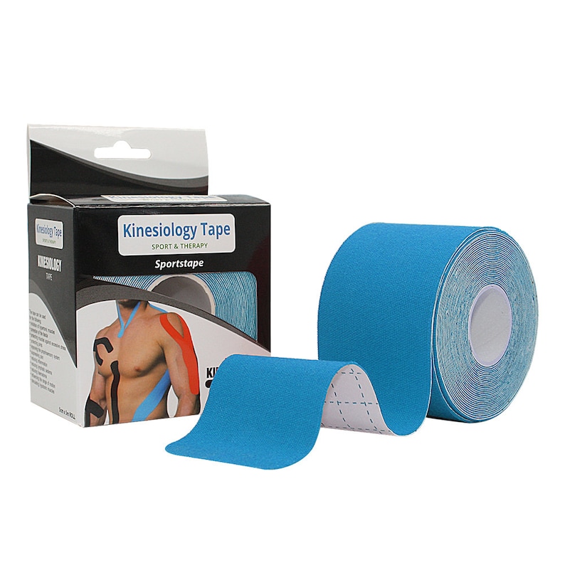 May include: A roll of blue kinesiology tape with a white core. The tape is labeled "Kinesiology Tape Sport & Therapy Sportstape".