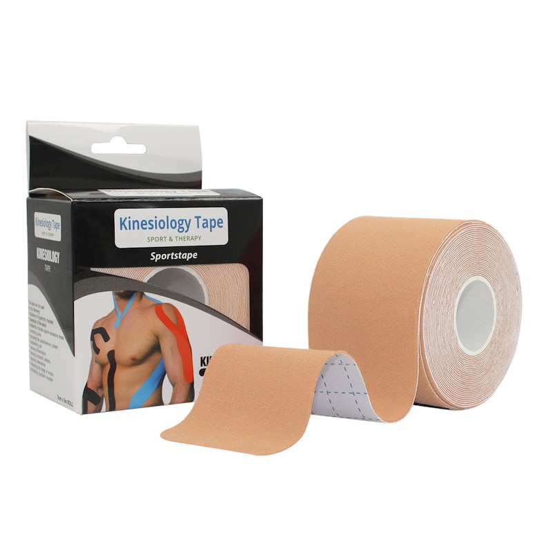 May include: A roll of beige kinesiology tape with a white backing. The tape is labeled "Kinesiology Tape Sport & Therapy Sportstape".