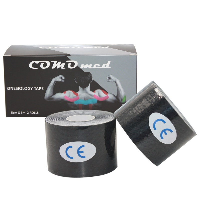 May include: Two rolls of black kinesiology tape with a CE mark. The tape is 5 cm wide and 5 m long. The box is labeled "COMD med Kinesiology Tape 5cm x 5m 2 Rolls".
