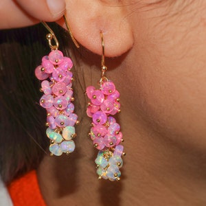 Pink and White Opal Beads Earring, Natural Opal Gemstone Cluster Earring, Opal Beaded Jewelry, Birthstone Earring for Her, Gift for Mom