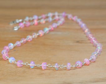 Multi fire Pink Opal Wire Wrap Necklace, Fire Opal Beaded Necklace, Smooth Opal Beads Silver Necklace, October Birthstone Gift for Women