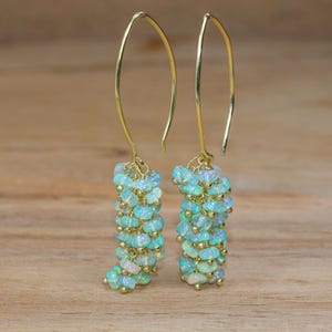 May include: A pair of gold dangle earrings with a cluster of light blue opal beads. The earrings are long and delicate, with a simple wire design.