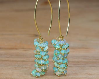 Natural Green Opal Cluster Earring, Multifire Opal Beads Earring, Opal Dangle Earrings for Women, Ethiopian  Opal Jewelry, Handmade Earrings