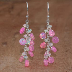 Natural Pink and White Opal Gemstone Cluster Earring, Fire Opal Round Beads Earrings, Opal Smooth Beads Earring for Women, Handmade Earrings