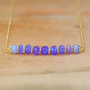Lavender Fire Opal Bar Necklace, Natural fire Opal Gemstone Gold Chain Necklace, Smooth Opal Birthstone Necklace, Minimalist Necklace