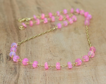 Natural Pink Opal Wire Wrap Necklace, Smooth Opal Beads Silver Necklace, Fire Opal Beaded Necklace, October Birthstone, Gift for Women