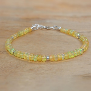 Fire Yellow Opal Smooth Beads Bracelet, Genuine Ethiopian Opal Sterling Silver Bracelet, Opal Handmade Bracelet, October Birthstone Jewelry