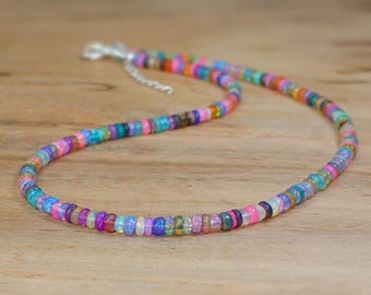 Genuine Multi Opal Beaded Necklace, Multifire Ethiopian Opal Beads Dainty Necklace, Birthstone Necklace for Women, Delicate Gift for Her