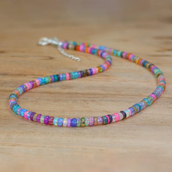 Genuine Multi Opal Beaded Necklace, Multifire Ethiopian Opal Beads Dainty Necklace, Birthstone Necklace for Women, Delicate Gift for Her