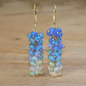 Natural Blue Opal Cluster Earring, Fire Opal Beads Dangle Earrings, Natural Opal Beaded Earring, Birthstone Jewelry for Women, Gift for Her
