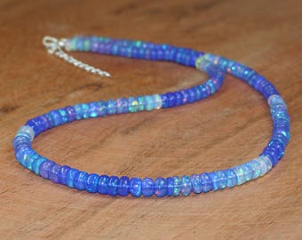 Fire Blue Shaded Fire Opal Smooth Beads Necklace, AAA Ethiopian Opal Beads Dainty Necklace, Birthstone Necklace for Women, Handmade Gift