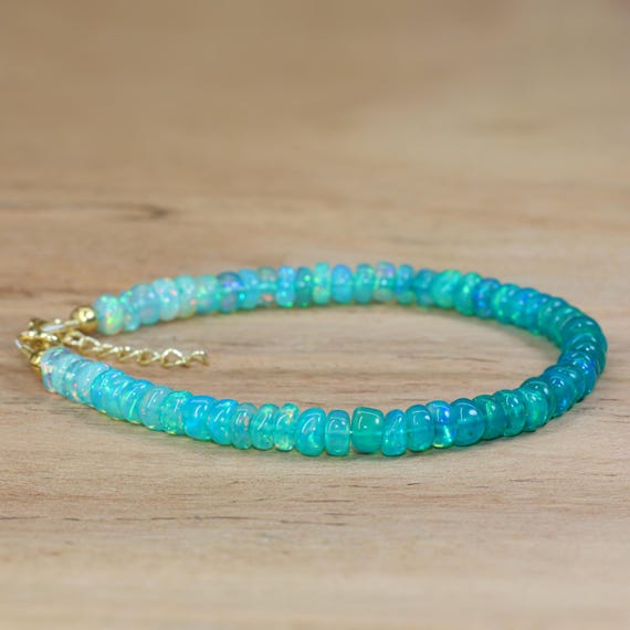 Green Opal Beads Bracelet, Sterling Silver, October Birthstone