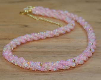 Genuine Pink Opal Gemstone twist Necklace, Ethiopian Fire Opal Beaded Necklace, Smooth Opal Beads Gold Necklace, October Birthstone Gift