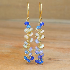 Beautiful Fire Blue Opal Cluster Earring, Opal Shaded Beads Dangle Earrings, Natural Opal Beaded Earring, Birthstone Jewelry for Women