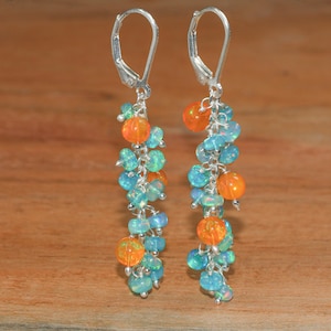 Fire Green and Orange Opal Gemstone Cluster Earring, Natural Opal Round Beads Earrings, Opal Smooth Earring for Women, Handmade Earrings