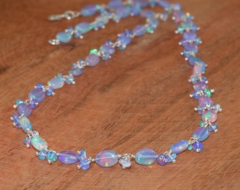 Natural Blue Opal Gemstone Tumble Beads Necklace, Genuine Fire Blue Opal Beads Necklace, Handmade Necklace, October Birthstone, Gift for Her