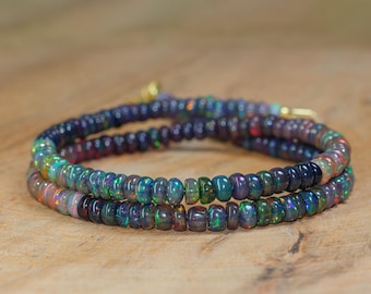 Fire Black Opal Gemstone Beaded Necklace for Women, Natural Multifire Black Opal Necklace, AAA Quality Fire Opal, Birthstone Necklace Gift