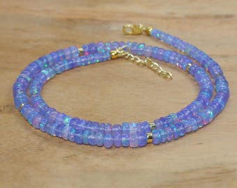 Multifire Lavender Opal Gemstone Beaded Necklace, Natural Ethiopian Opal Beads Necklace, October Birthstone Gift for Women, Gift for Mom