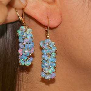 Könnte beinhalten: Ein Paar goldene Ohrhänger mit einem Cluster aus irisierenden blauen Opal-Steinen. Die Ohrringe sind lang und filigran, mit einem einfachen Hakenverschluss.