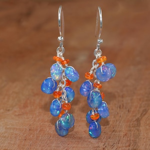 Genuine Blue and Orange Opal Gemstone Cluster Earring, Fire Opal Round Beads Earrings, Opal Smooth Bead Earring for Women, Delicate Earrings