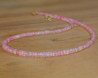Pink Opal Smooth Beads Gold Necklace, Ethiopian Opal Dainty Beaded Necklace, Handmade Minimalist Necklace, Birthstone Necklace For Mom