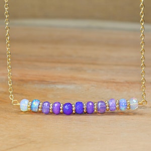 Natural Lavender Fire Opal Bar Necklace, Multi fire Opal Gemstone Gold Chain Necklace, Faceted Opal Birthstone Necklace, Minimalist Necklace