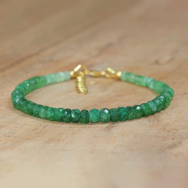AAA Faceted Emerald Gemstone Beads Bracelet, Natural Emerald Beaded Gold Bracelet, May Birthstone Jewelry, Handmade Bracelet, Gift for Her