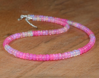 Pink Shaded Fire Opal Smooth Beads Necklace, AAA Ethiopian Opal Beads Dainty Necklace, Birthstone Necklace for Women, Handmade Gift for Mom