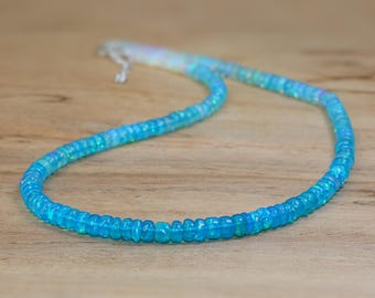 Genuine Paraiba Fire Opal Necklace, Smooth Opal Shaded Beads Necklace, Natural Opal Beads Silver Necklace, October Birthstone Gift for Women
