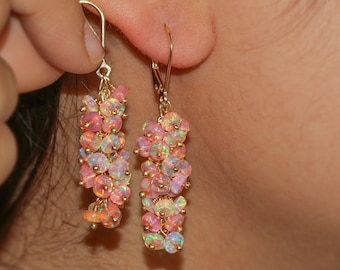 Natural Red Opal Cluster Earring, Fire Opal Dangle Earrings for Women, Natural Opal Bead Earring, Ethiopian  Opal Jewelry, Handmade Earring