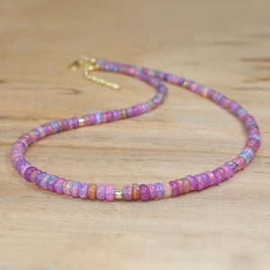 Natural Lavender Opal Shades Beaded Necklace, Ethiopian Opal Beads Gold Necklace, Opal Birthstone Jewelry, Gift for Women, Gift for Mom