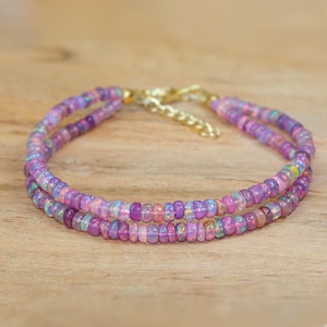 Lavender Opal Smooth Beads Two strand Bracelet, Natural Ethiopian Opal Gemstone Jewelry, Multifire Opal Bracelet, Opal Birthstone Jewelry