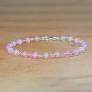 Natural Pink Opal Gemstone Wire Wrap Bracelet, Ethiopian Opal Silver Bracelet, October Birthstone Handmade Jewelry, Gift for Girlfriend