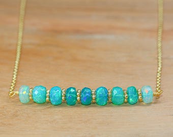 Fire Green Opal Gemstone Bar Necklace, Ethiopian Fire Opal Dainty Necklace, Faceted Opal Beads Gold Chain Necklace, October Birthstone Gift