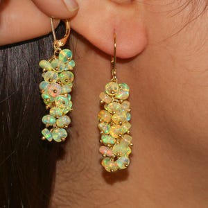 Fire Opal Cluster Earring, Yellow Opal Beads Dangle Earrings for Women, Natural Opal Beaded Gold Jewelry, Ethiopian Multifire Opal Jewelry
