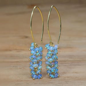 Natural Blue Opal Cluster Earring, Multifire Opal Beads Earring, Opal Dangle Earrings for Women, Ethiopian  Opal Jewelry, Handmade Earrings
