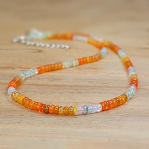 Orange Fire Opal Beaded Necklace, Multifire Smooth Opal Beads Dainty Necklace, October Birthstone Necklace for Women, Gift for Mom