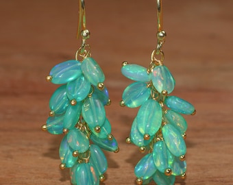 Genuine Green Opal Gemstone Cluster Earring, Multifire Opal Nugget Beads Earrings, Opal Smooth Shaded Earring for Women, Handmade Earrings