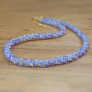 lavender Opal Gemstone twist Necklace, Ethiopian Fire Opal Beaded Necklace, Smooth Opal Beads Gold Necklace, October Birthstone