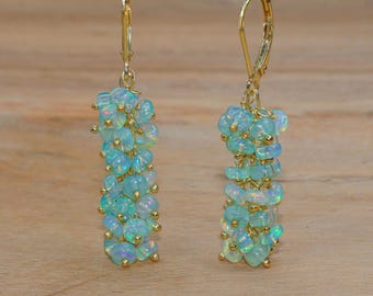 Green Opal Gemstone Cluster Earring, Opal Dangle Earrings for Women, Natural Opal Beaded Earring, Multifire Opal Jewelry, October Birthstone