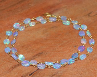 Blue Opal Gemstone Tumble Beads Wire Wrap Necklace, Genuine Ethiopian Opal Beaded Necklace, Handmade Necklace, Opal Birthstone Gift for Her