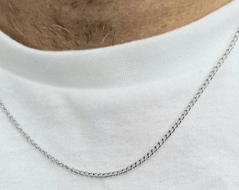 Chaîne fine de 2 mm. en acier inoxydable et maillons fins, pour homme et femme, bijoux de créateur, argent.