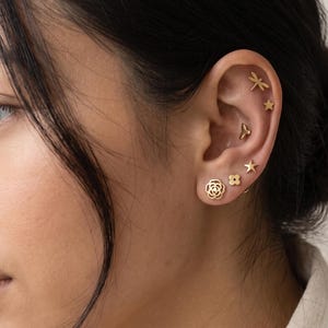 May include: A set of gold-toned stud earrings worn in a single ear, featuring a variety of shapes including a dragonfly, stars, a small flower, and a larger intricate floral design. The earrings are arranged along the earlobe and cartilage.