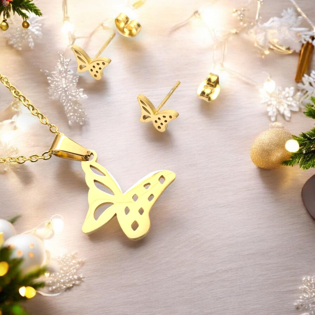 Set Gioiello Farfalla Oro 18: Orecchini Pendenti E Collane In Acciaio Inox - Regalo Perfetto