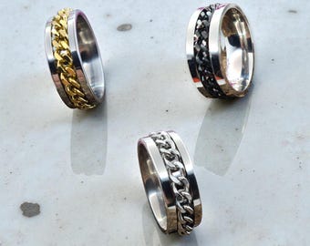 8mm ring. with stainless steel chain. Customizable with FREE ENGRAVING. Chain design. For men, rock