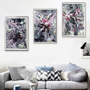 Original triptych  acrilic art fantasy abstract ,  painting on paper, Decor handmade, black, white,  burgundy, gift for any ossasion.