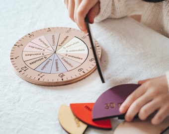 Wood Learning Clock, Fraction Of Time, Telling The Time, Montessori Toy, Sensory Kindergarten Toy, Gift for Kids, Educational Toy